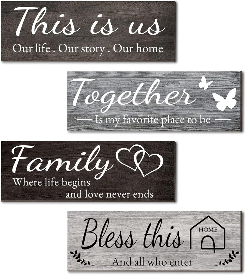 Joyhawk 4 Pieces Home Wall Decor Signs, THIS IS US/TOGETHER/BLESS THIS HOME/FAMILY Wall Decor For Living Room Bedroom, Rustic Wooden Farmhouse Wall Art Decor, 4.7 x 13.8 Inch(Mixed Color) - Image 1